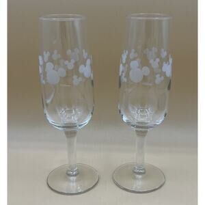 Disney Mickey Mouse Icon Head Etched Frosted Champagne Flutes Glasses Set Of 2